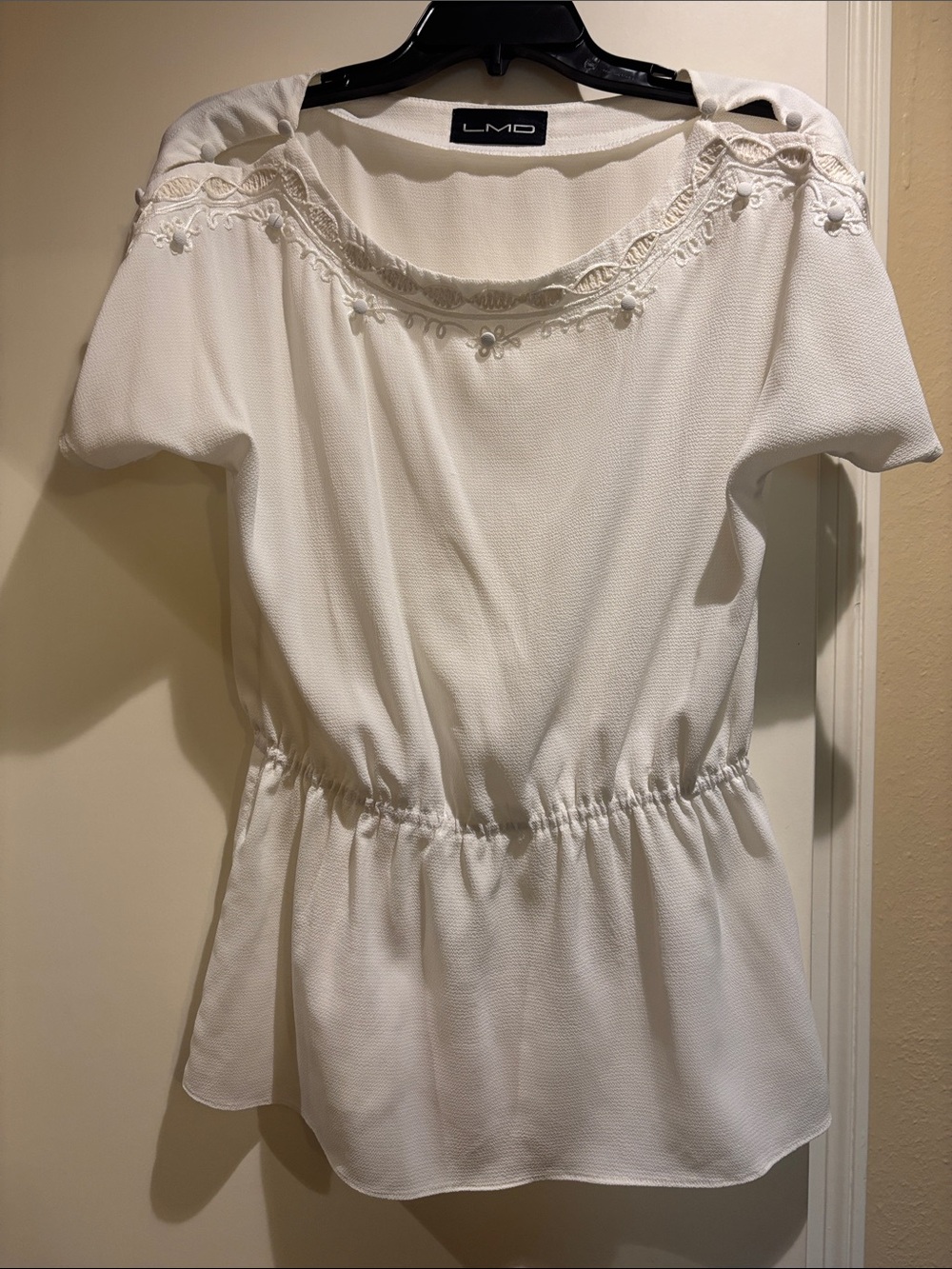 White Women's Short-Sleeve Peplum Top with Lace Trim
